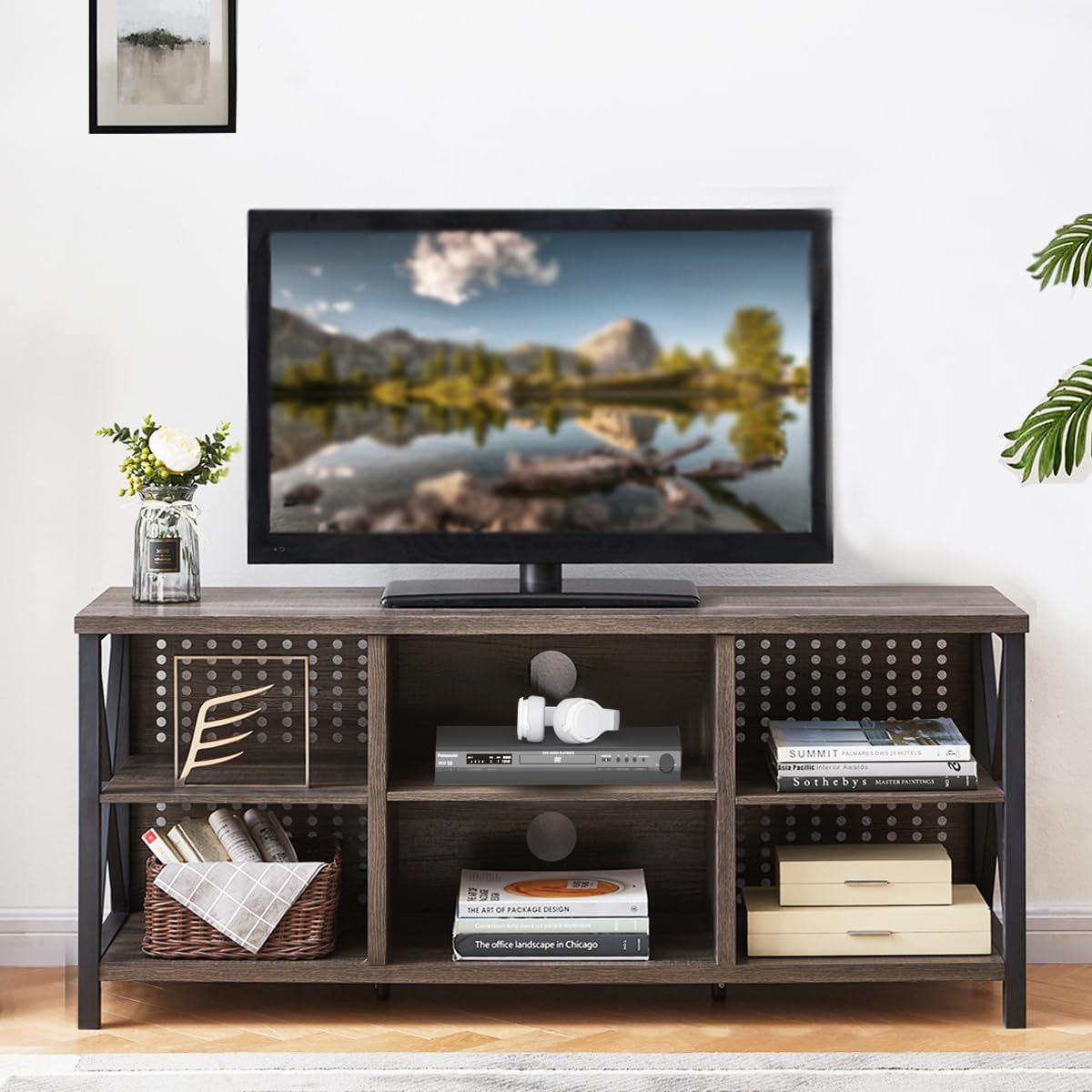 IBF TV Stand for 70 Inch TV, Rustic Industrial Entertainment Center, Large Television Stands for Living Bedroom, Long Wood Metal TV Table Stand with Media Console Cabinet Storage, Dark Gray Oak, 59 In