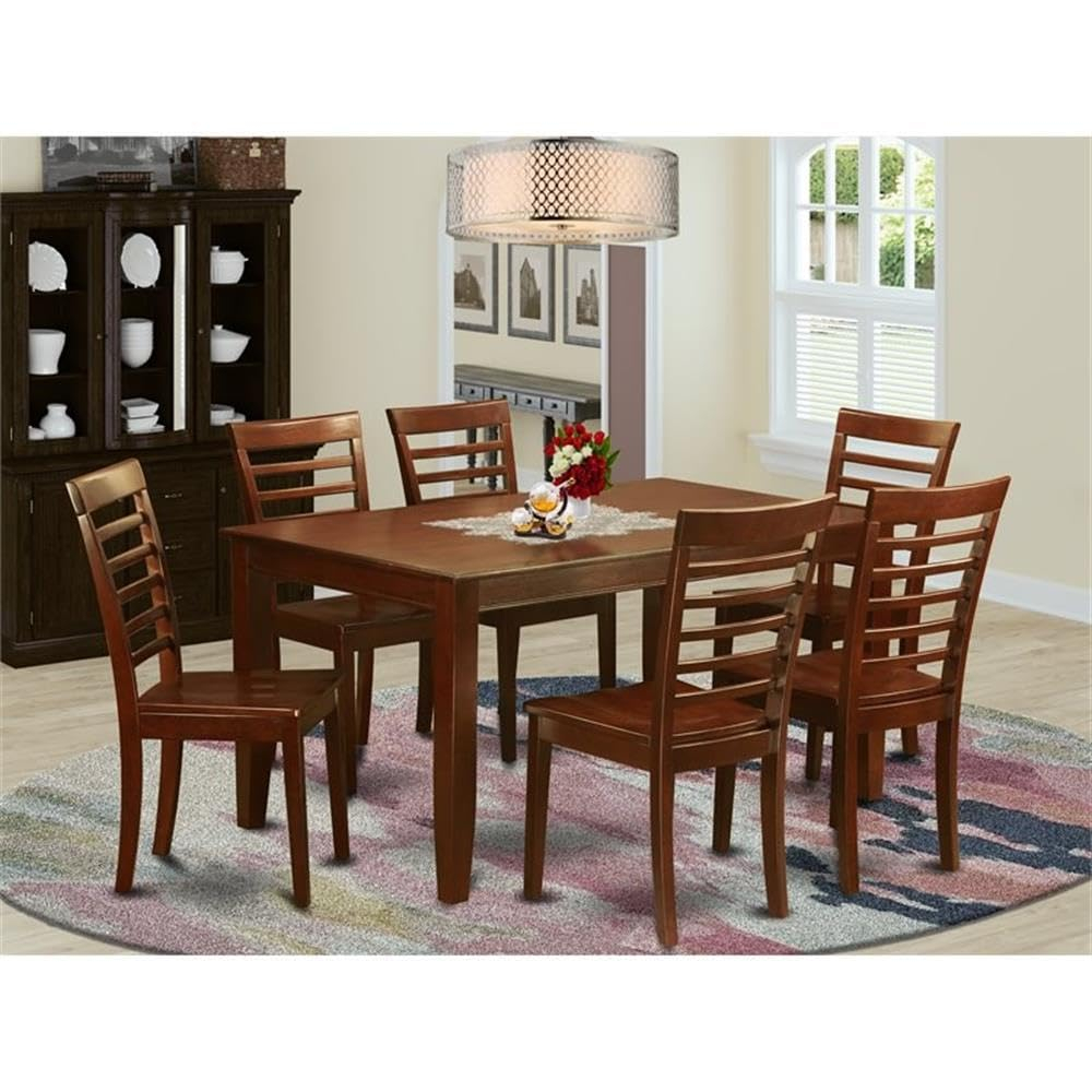 Mahogany 7-Piece Rectangular Dining Table Set with Ladder Back Chairs