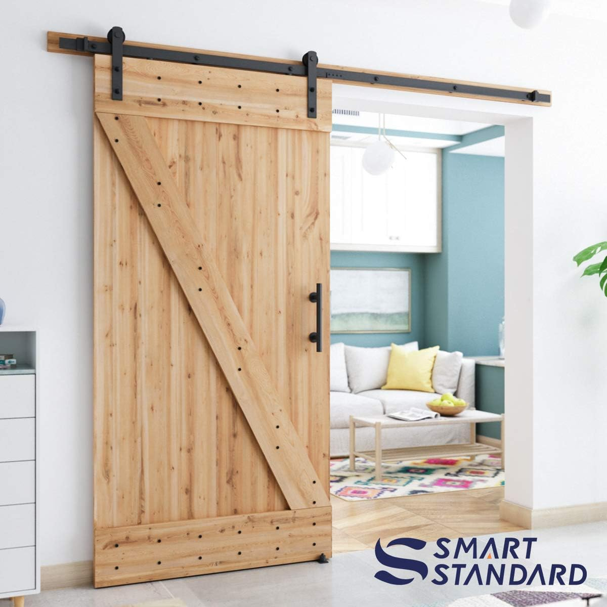 SMARTSTANDARD 8 FT Heavy Duty Sturdy Sliding Barn Door Hardware Kit, Black, (Whole Set includes 1x Pull Handle Set & 1x Floor Guide) Fit 42"-48" Wide Door Panel (I Shape Hanger)