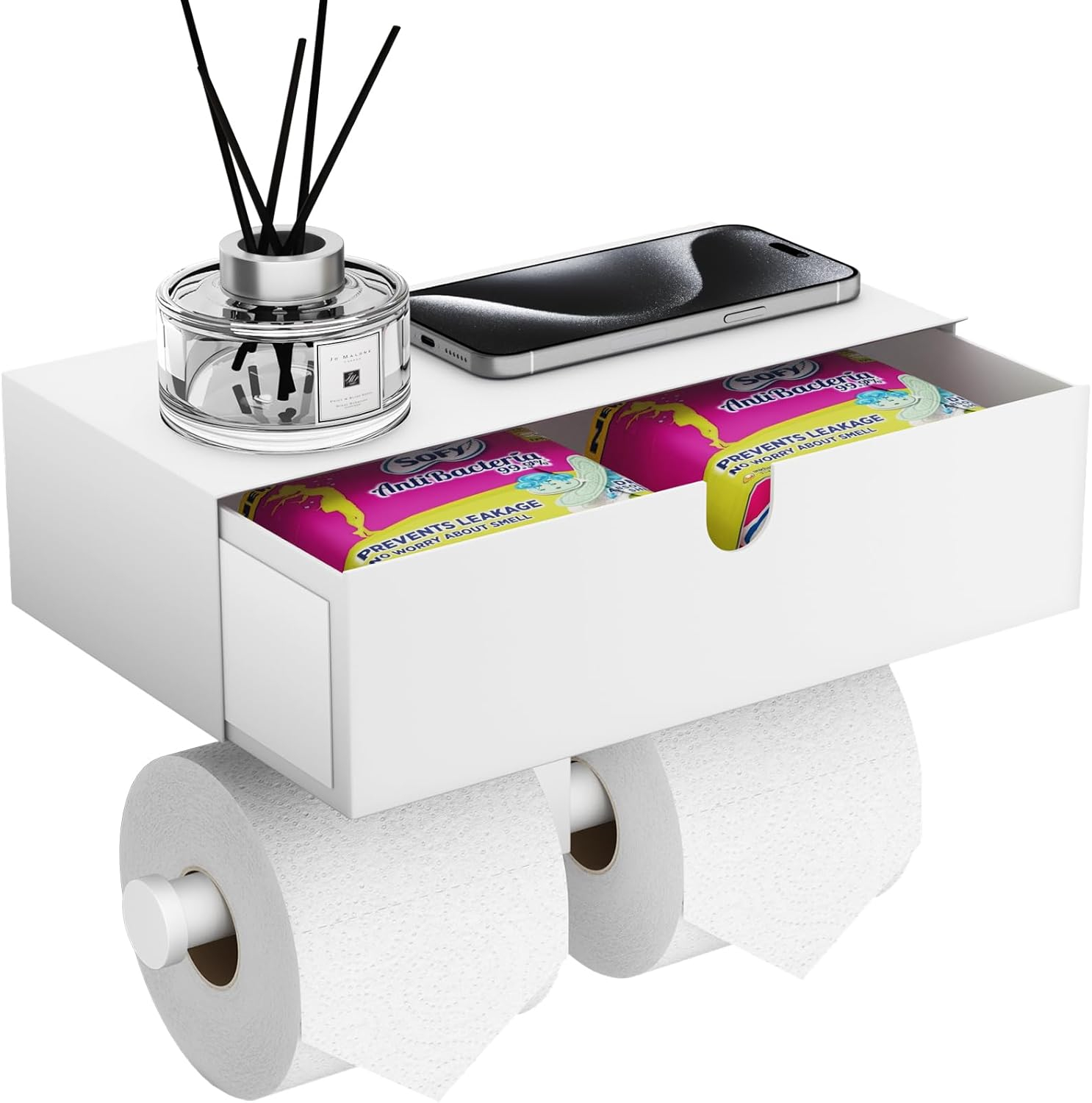 Tindbea Toilet Paper Holder with Storage - Stainless Steel Wall Mounted Toilet Paper Holder with Shelf, Flushable Wipes Holer Dispenser, Tampon Storage for Bathroom, Double Tissue Roll Holder, White