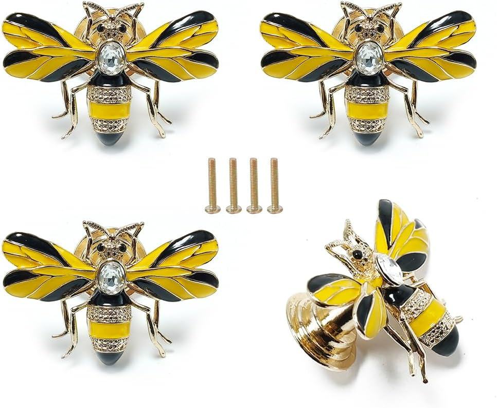 Stylish Yellow Bee Knob Handle 4 Pcs Zinc Alloy Furniture Decoration Accessories(Bee) for Cupboards, Wardrobes, Drawers, Bedside Cabinets, Closet Doors - Designed for Home or Office