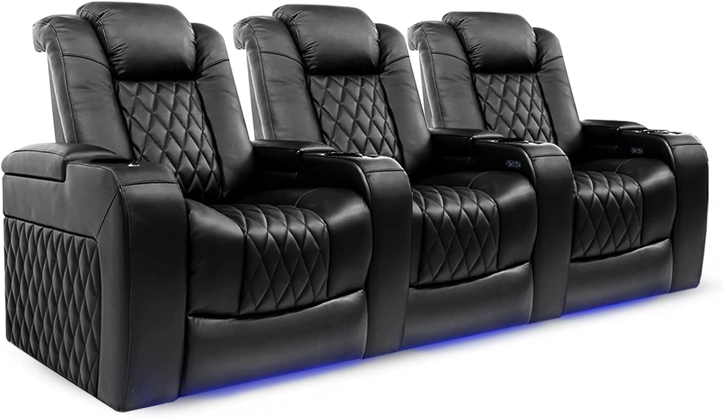 Valencia Tuscany Home Theater Seat - Nappa Leather Power Recliner with Cool Gel Memory Foam, USB-C/USB-A Charging, RGB LED Lights, Adjustable Lumbar & Headrest (Row of 3, Black)