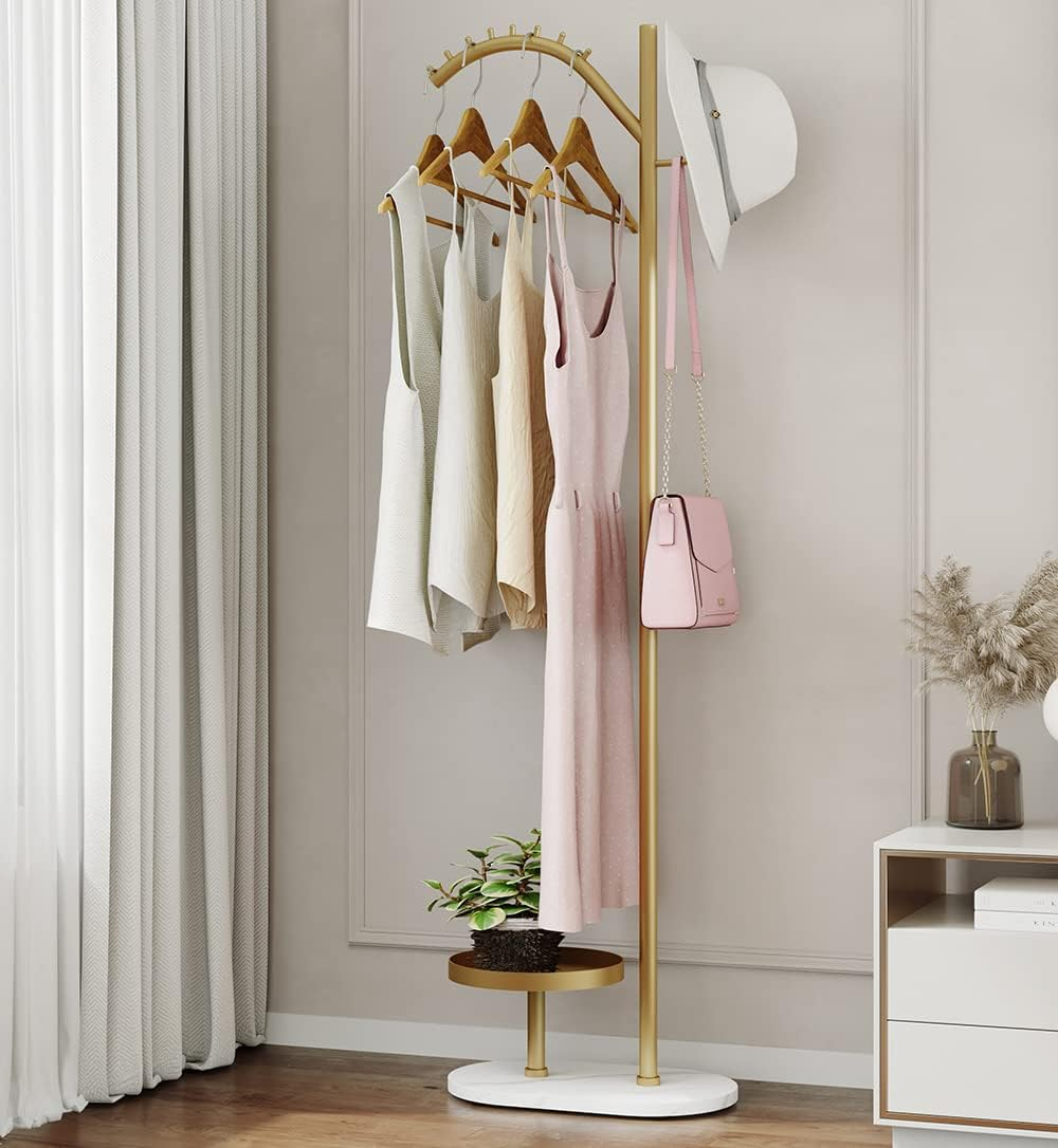 Gold Clothing Garment Rack with Marble Base and Tray, Modern Minimalist Hanging Clothes Rack, for Coats, Hats, Scarves and Handbags of Entryway, Hallway, Bedroom, Office（Golden）