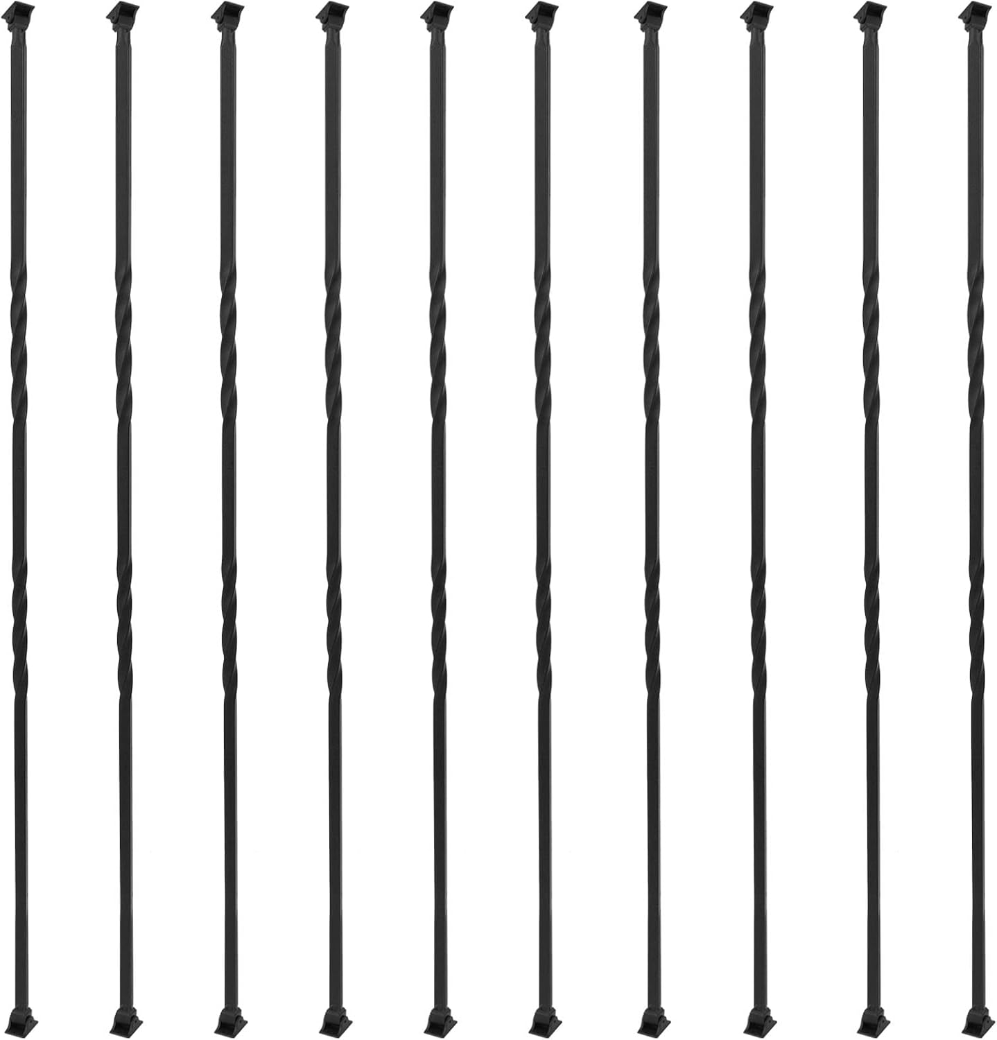 Staircase Metal Balusters, 44'' x 1/2" Galvanized Steel Decorative Banister Spindles, 10 Pack Deck Baluster with Hollow Twists, Satin Black Spiral Stair Railing with Shoes & Screws