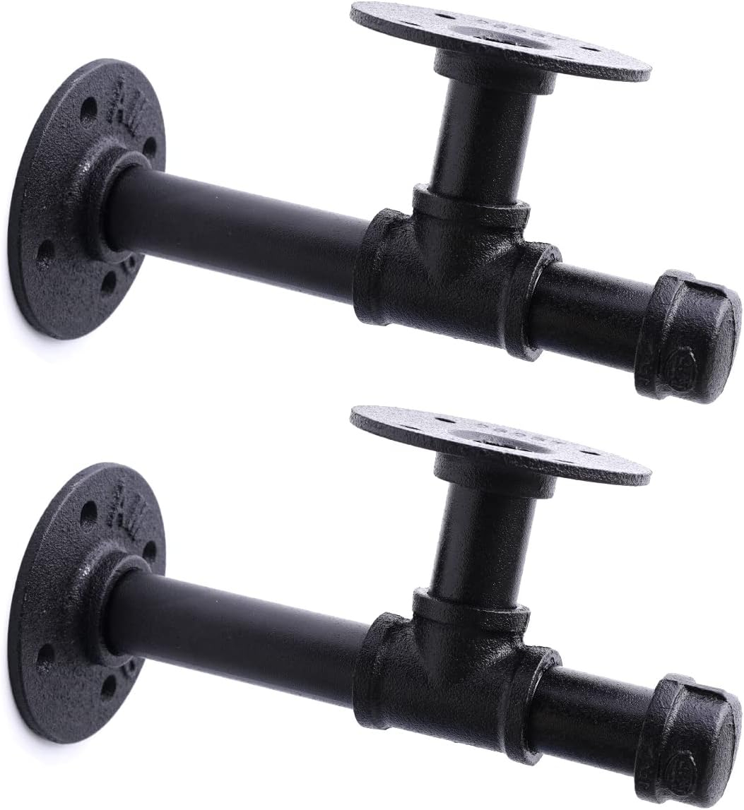 3/4" Industrial Pipe Shelf Brackets, Black Iron Wall Mounted DIY Shelving Brackets Hanging Custom Pipe Brackets for Floating Shelves (2, 8 Inch)