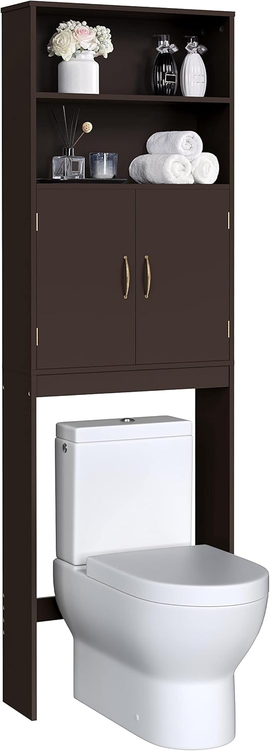 Killeryuki Over The Toilet Storage, Taller Bathroom Organizer Space-Saving Storage Cabinet with Adjustable Shelves and Double Doors, 77 in H, Espresso