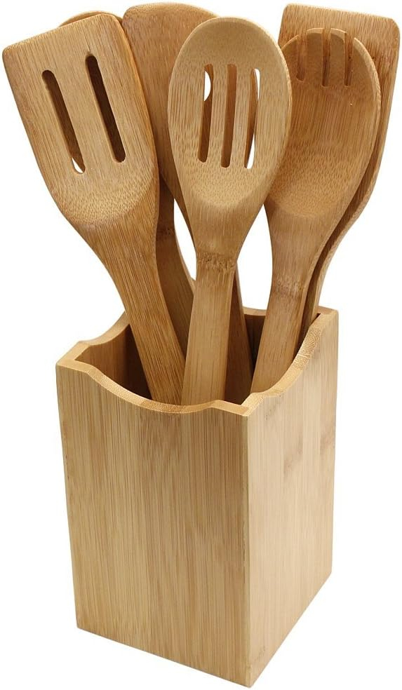 Oliva Italiana 7-Piece Bamboo Kitchen Utensil Set with Holder – Eco-Friendly, 100% Organic Bamboo Wooden Cooking Spoons, Spatula, Ladle, Turner & Pasta Server with Ergonomic Handles