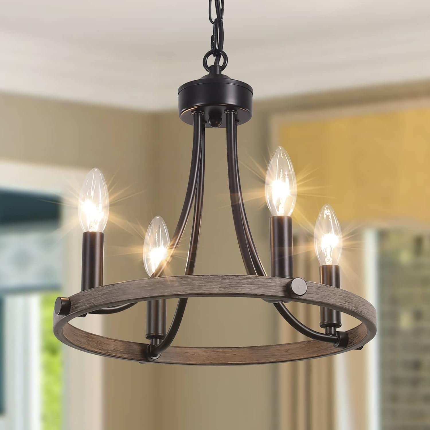 4-Light Black Modern Adjustable Height Light Fixture Wagon Wheel Chandelier