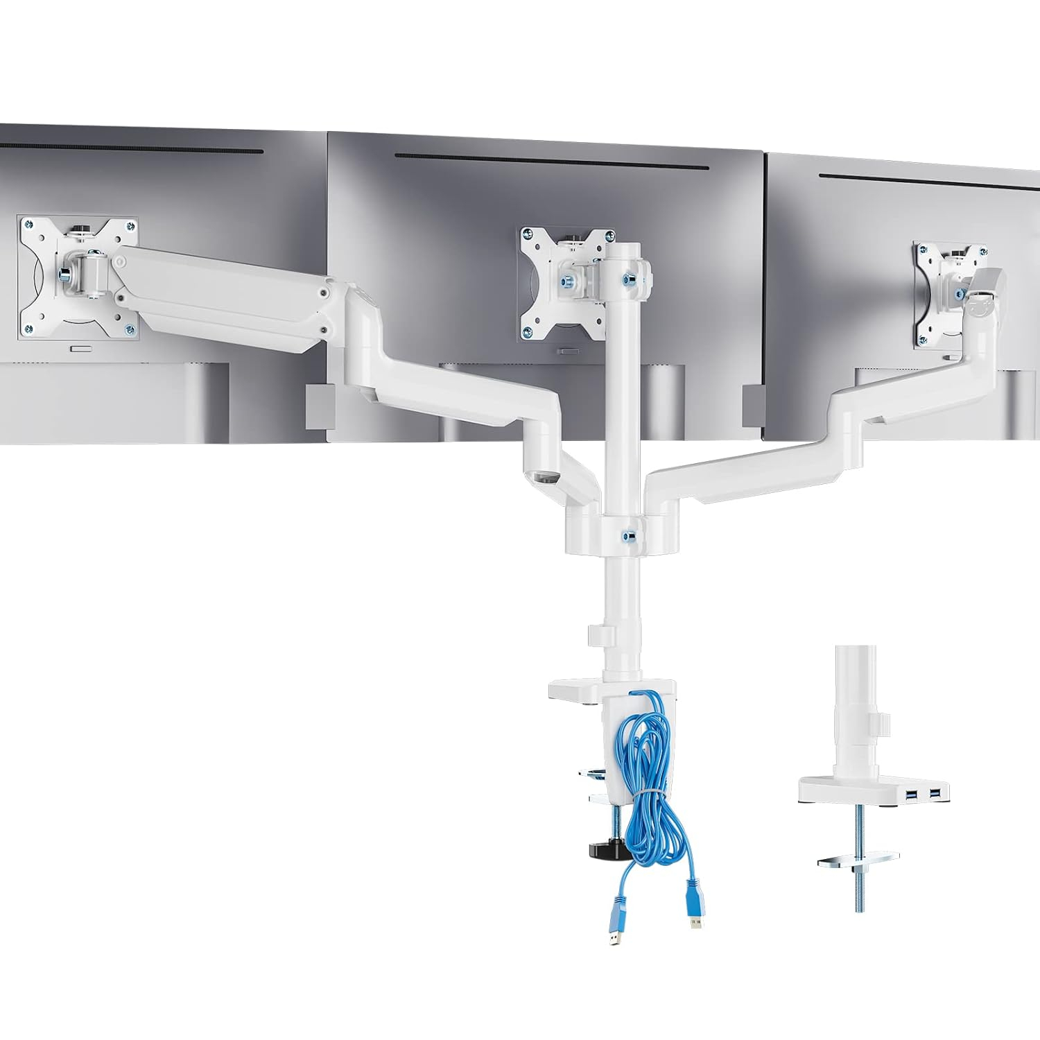 White Triple Monitor Desk Mount with Gas Spring Arm