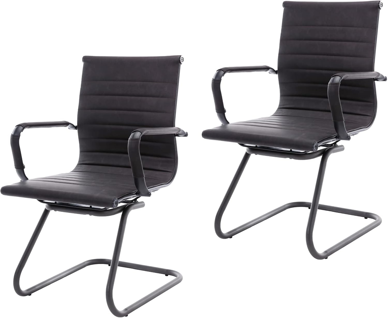 CIMOTA Waiting Room Chairs Leather Office Guest Chair Mid Back Reception Chairs with Sled Base for Meeting/Patient/Conference Room, Retro Black Set of 2