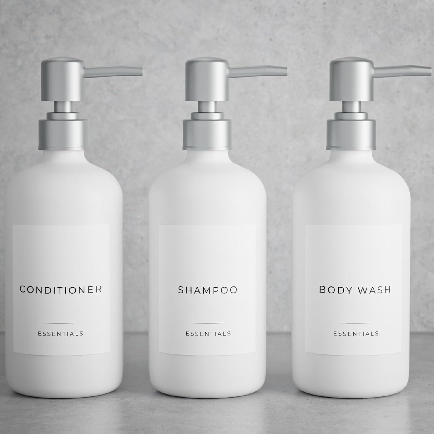 Stylish Shampoo and Conditioner Dispenser Set of 3 - Modern 21oz Shower Soap Bottles with Pump and Labels - Easy to Refill Body Wash Dispensers for an Instant Bathroom Decor Upgrade - White C31