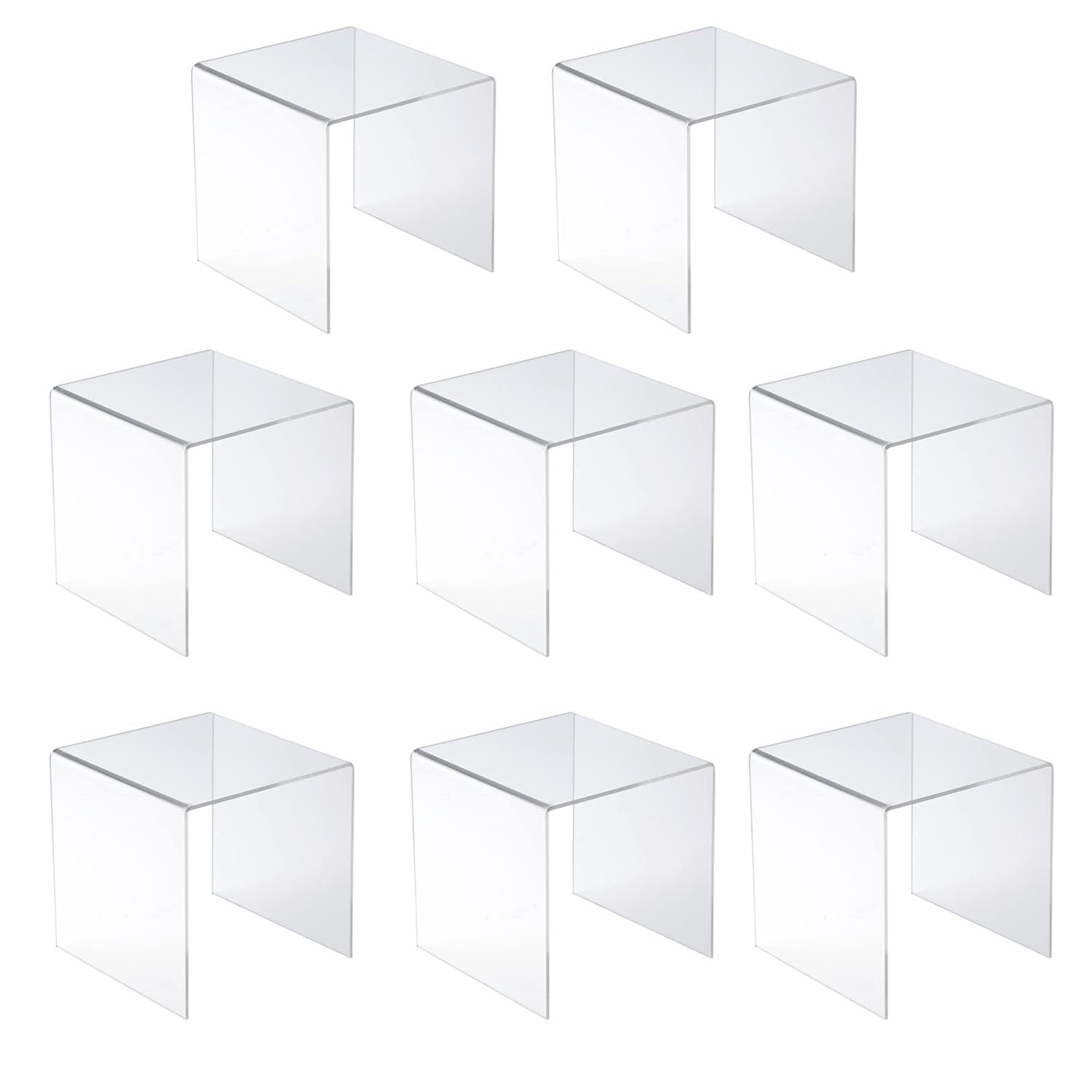 Jusalpha® 8 PC 5'' Clear Acrylic Risers, Acrylic Display Risers Shelf Showcase Fixtures for Jewelry, Display Stand for Amiibo Funko POP Figures, Cupcakes, Food Display, Cabinet- Lot of 8 (5x5x5 Inches)