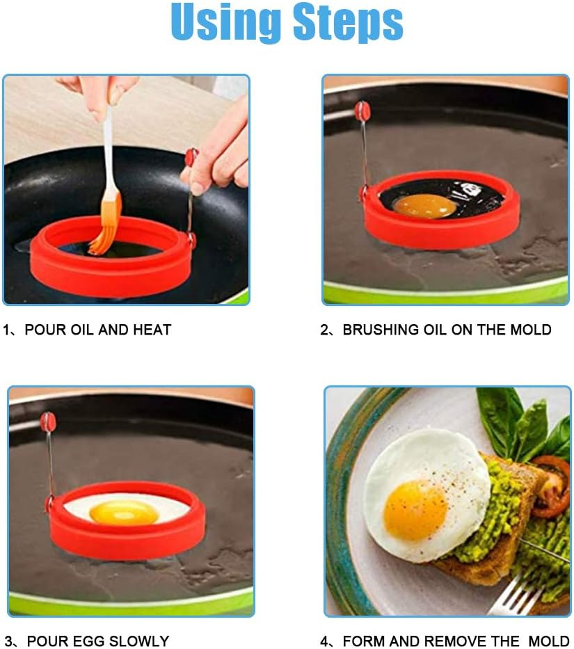 Silicone Fried Egg Mold Rings - Pancake Mold Pack of 4 - One of Each Color - for Breakfast, Lunch, Dinner - Great Cooking Accessory and Gift Idea