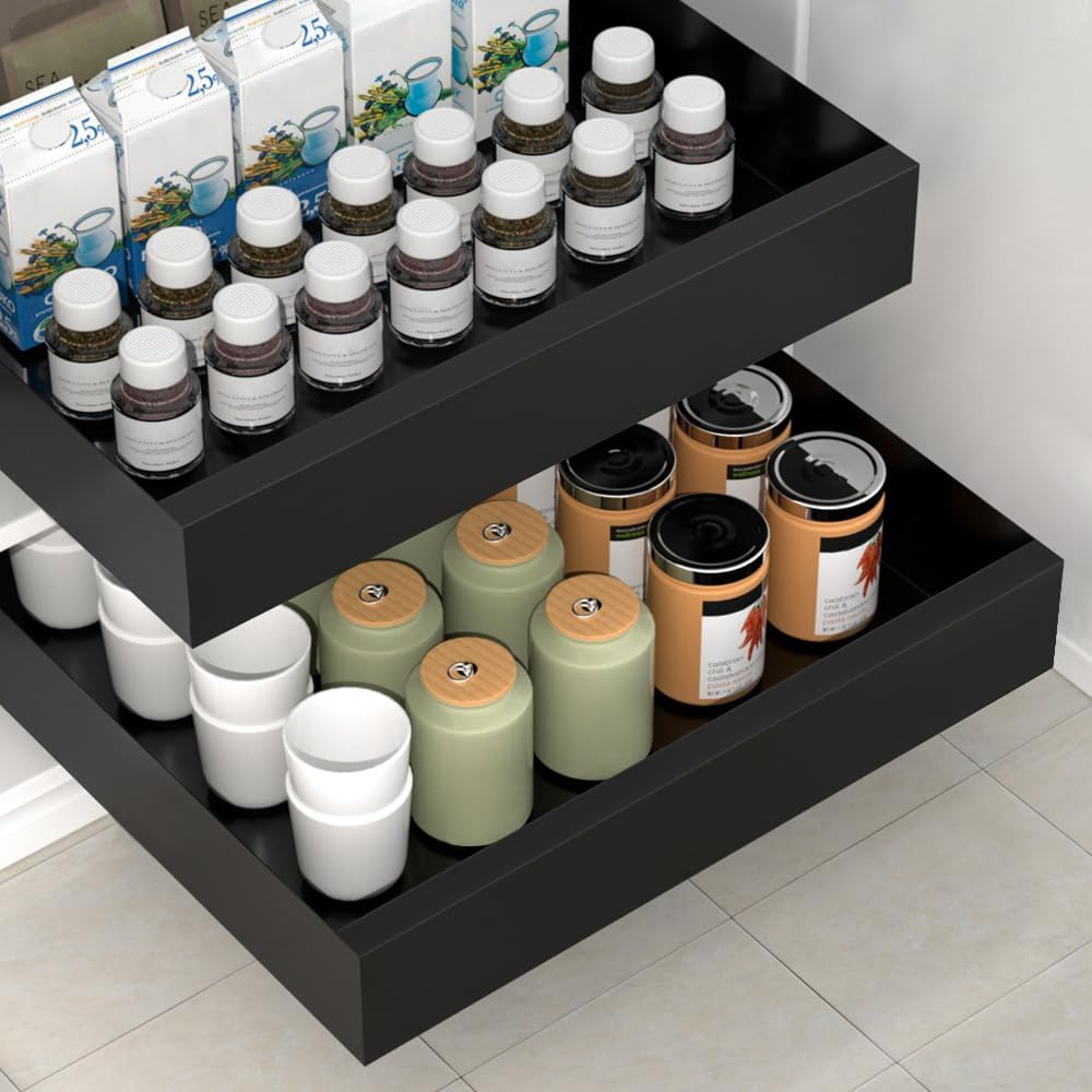 Pull Out Cabinet Organizer, Carbon Steel Cabinet Drawers Slide Out, Pantry Storage Shelves with Nano Adhesive Strip for Kitchen, Bathroom and Living Room 10.3" W X 17.0" D X 2.8H Grey