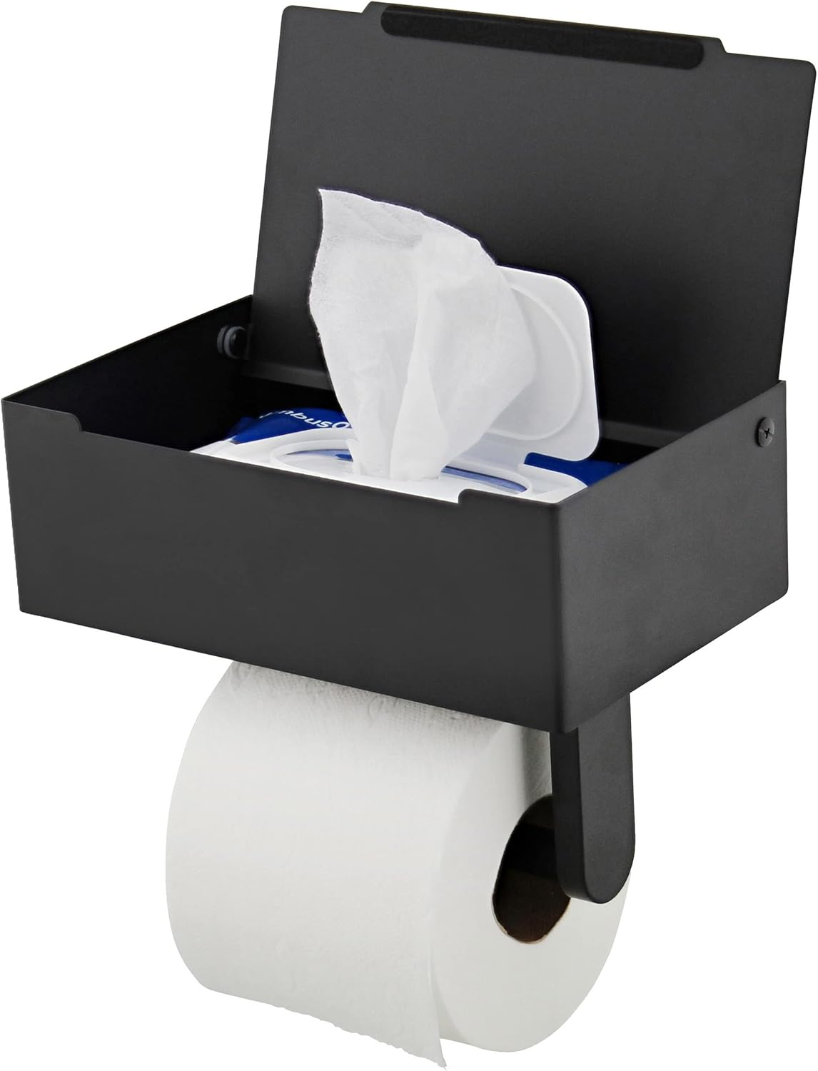 7Penn Bathroom Organizer - Matte Black Toilet Paper Holder with Shelf and Flushable Wipes Dispenser Storage Compartment