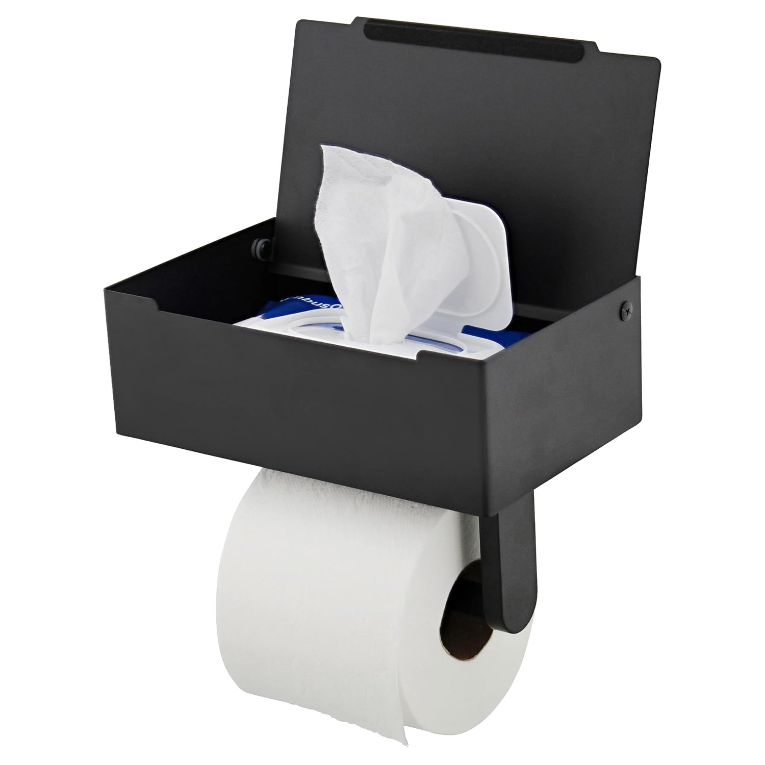 7Penn Bathroom Organizer - Matte Black Toilet Paper Holder with Shelf and Flushable Wipes Dispenser Storage Compartment