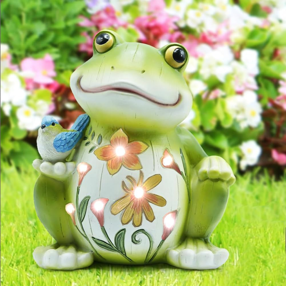 Green Resin Solar Frog Garden Statue with Bird