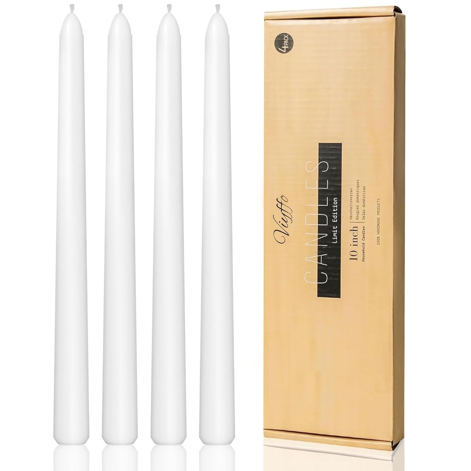 Candwax 10 inch Taper Candles Set of 4 - Dripless Taper Candles and Unscented Candlesticks - Perfect as Dinner Candles and Household Candles - White Candles