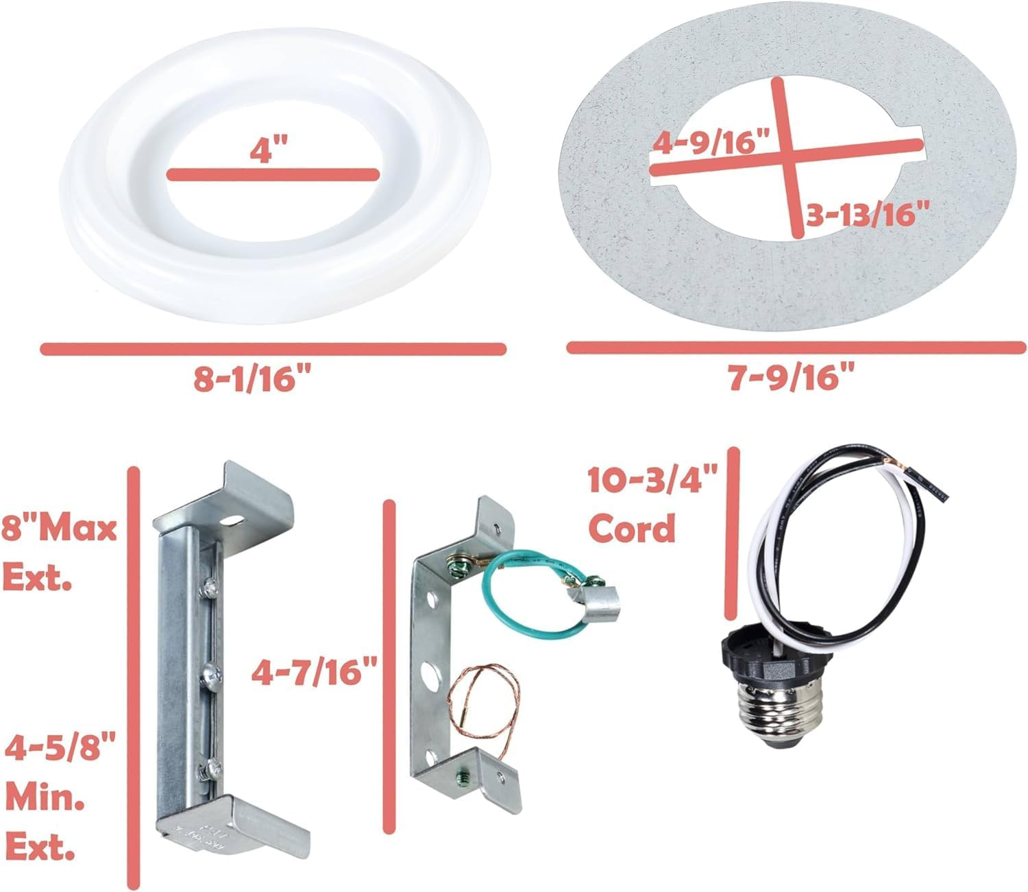 Aspen Creative 21067-11, Recessed Lighting Converter Kit, Ø 8", White Plastic Medallion, adjustable mounting bar that can be used for any size between 4 - 7 inches and can support up to 25 pounds