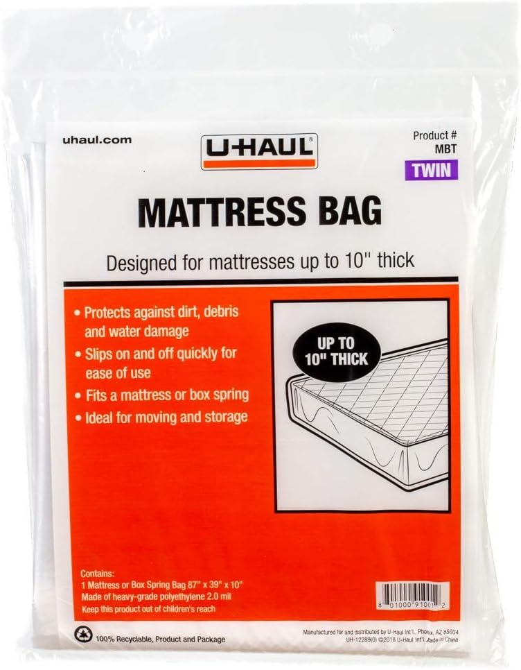 U-Haul Mattress Encasement Bag, Twin – Heavy-Grade Polyethylene, Dust and Water Protection