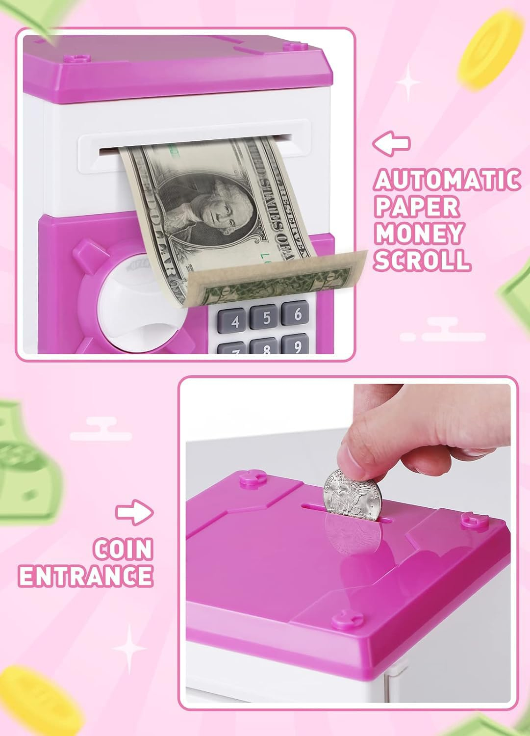 Piggy Bank for Girls Boys Large Electronic Money Coin Banks with Password Protection, Automatic Paper Money Scroll Saving Box, Great Gift for Kids (Pink-White)