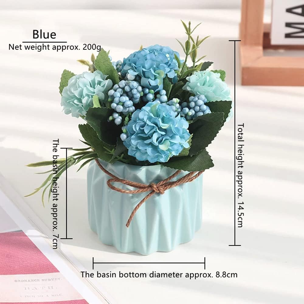 Fake Hydrangeas with Pot, Mini Hydrangea Artificial Flowers Artificial Plant in Ceramic Vase for Office Desktop Decorations (Blue)
