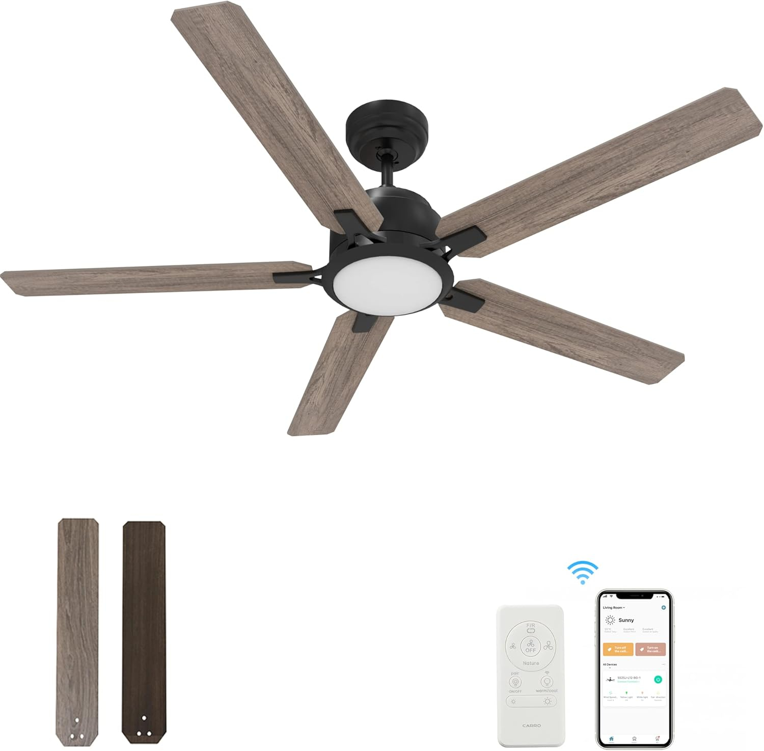 52" 5 Baldes Smart Wifi Ceiling Fan with Remote and Dimmable LED Light Dark Wood