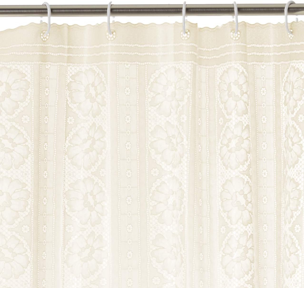 Ivory Floral Lace Heavyweight Vinyl Shower Curtain with Hooks