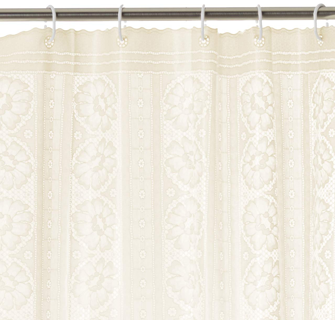 Ivory Floral Lace Heavyweight Vinyl Shower Curtain with Hooks