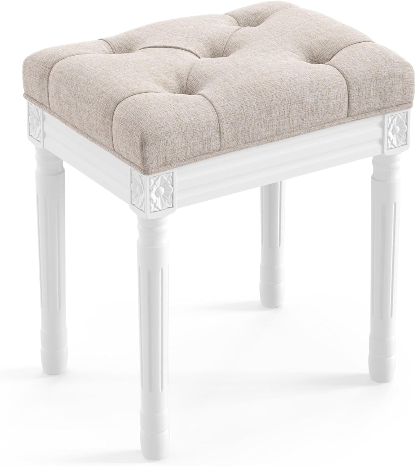 LUE BONA Upholstered Fabric Vanity Bench Seat, Makeup Stools for Vanity, Square Tufted Ottoman Bench with Carved White Legs for Bedroom Living Room, Linen Color