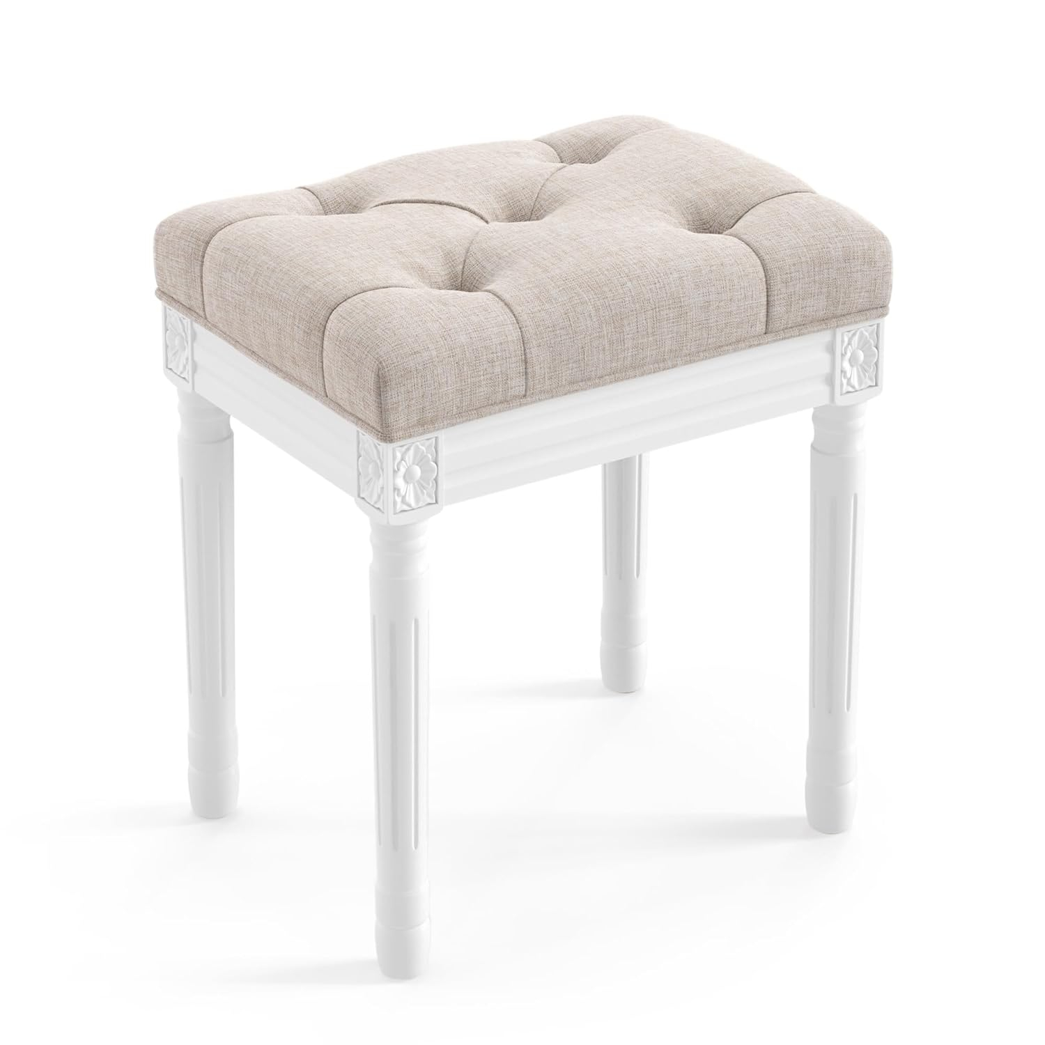 LUE BONA Upholstered Fabric Vanity Bench Seat, Makeup Stools for Vanity, Square Tufted Ottoman Bench with Carved White Legs for Bedroom Living Room, Linen Color