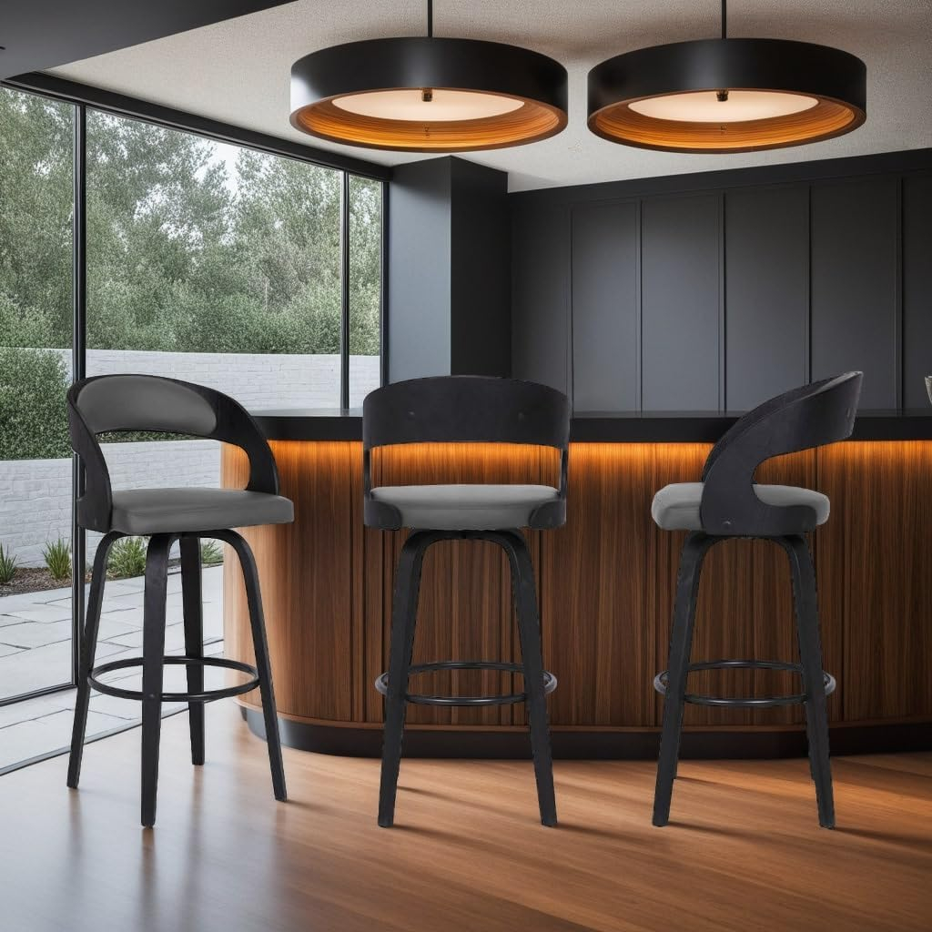 Shelly 30" Bar Height Swivel Gray Faux Leather and Black Wood Bar Stool