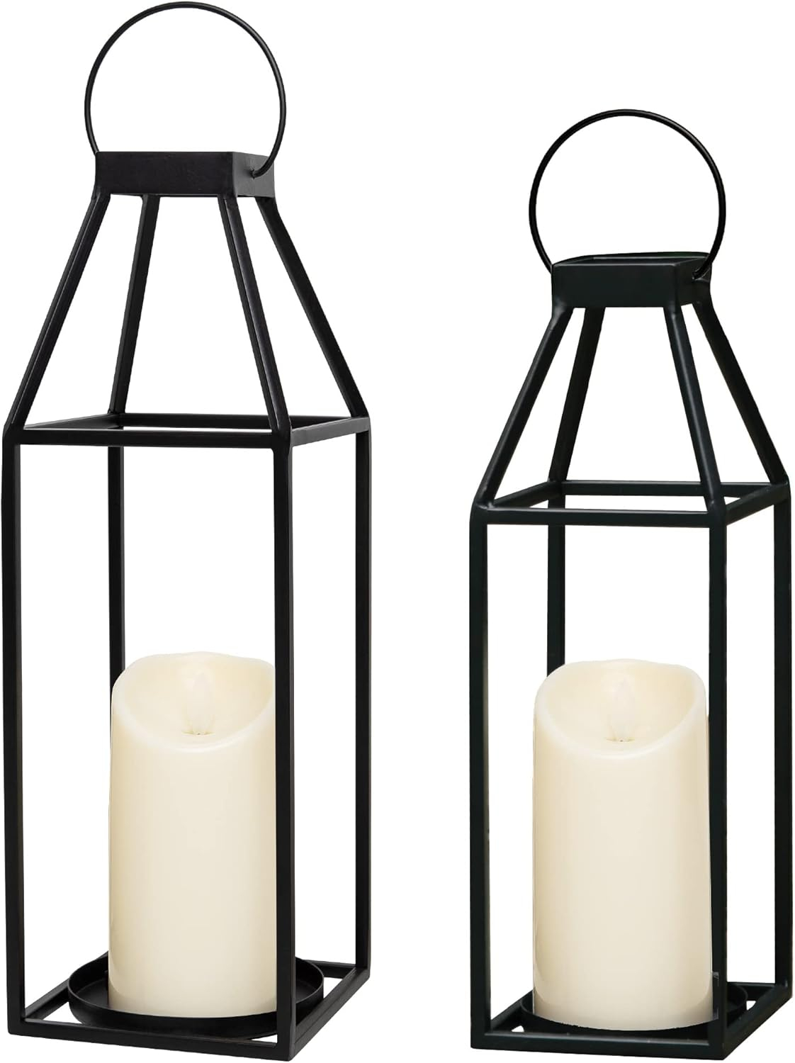 HPC Decor Black Metal Candle Lanterns Set of 2- Lanterns Decorative with Flickering Timer Candles- 17.4'' & 15'' Rustic Farmhouse Lanterns Candle Holder for Indoor, Outdoor, Tabletop (No Glass)