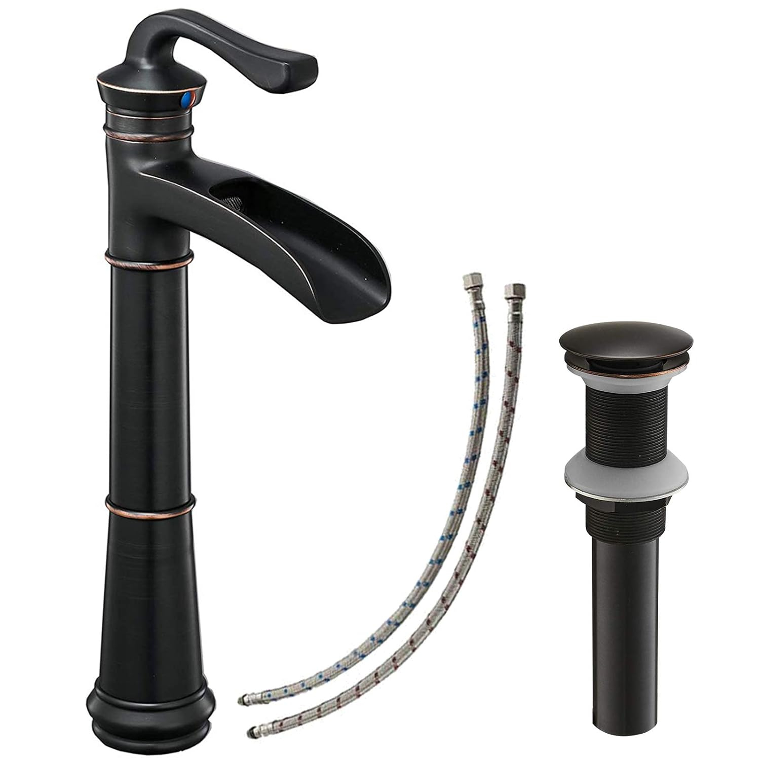 Vessel Sink Faucet Oil Rubbed Bronze Bathroom Faucet Waterfall Farmhouse Single Hole Single Handle for Sink Lavatory Faucets with Pop Up Drain Without Overflow Supply Line