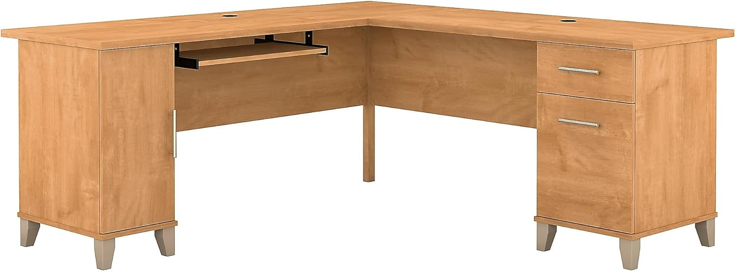 Bush Furniture Somerset 72 in L Shape Desk with Keyboard Tray, File Drawer and Storage in Maple Cross (Ships in 2 boxes)