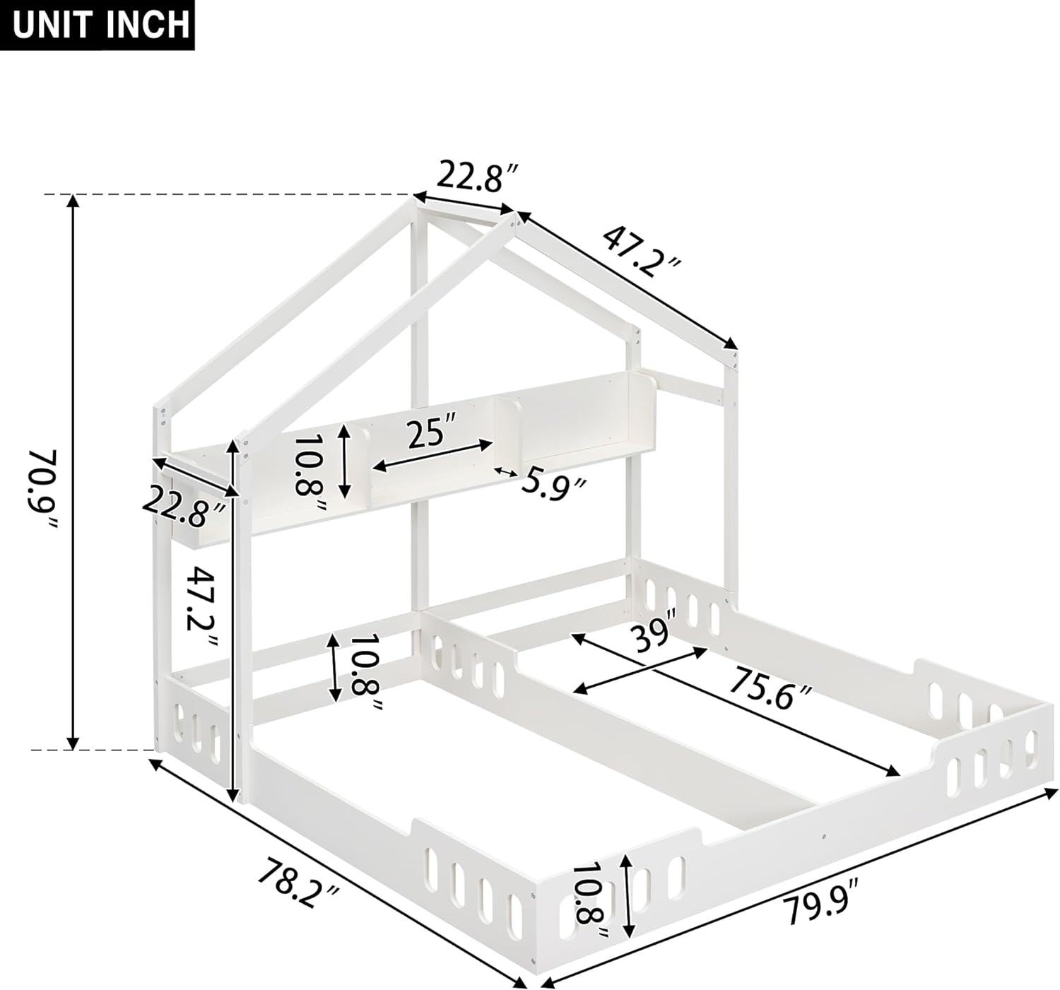 P PURLOVE Twin House Bed for 2 Kids,Double Twin Size Shared Beds with Fence Railings,House Montessori Floor Bed Frame Twin Size with Roof and Storage Shelves or Kids,Teens, Boys & Girls