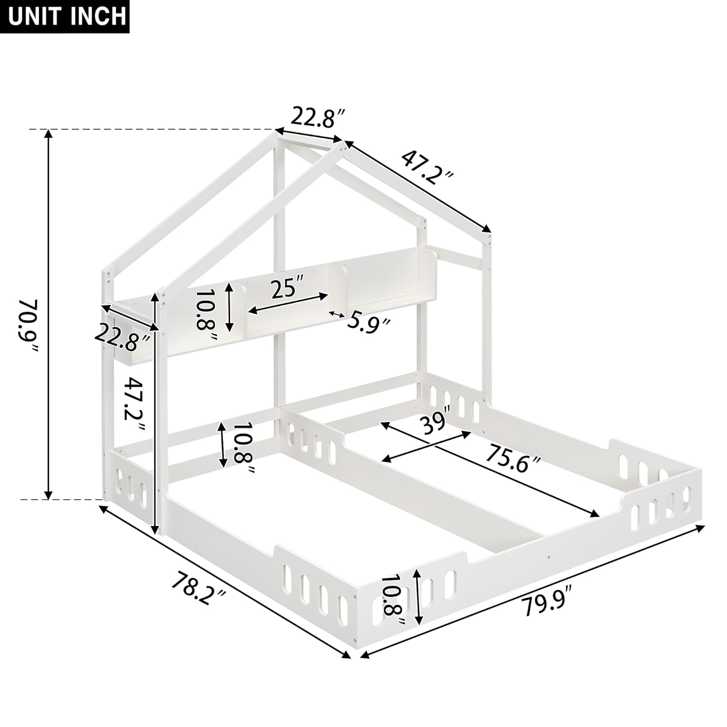 P PURLOVE Twin House Bed for 2 Kids,Twin Size Double Shared Beds with Fence Railings,House Montessori Floor Bed Frame with Roof and Storage Shelves or Kids,Teens, Boys & Girls