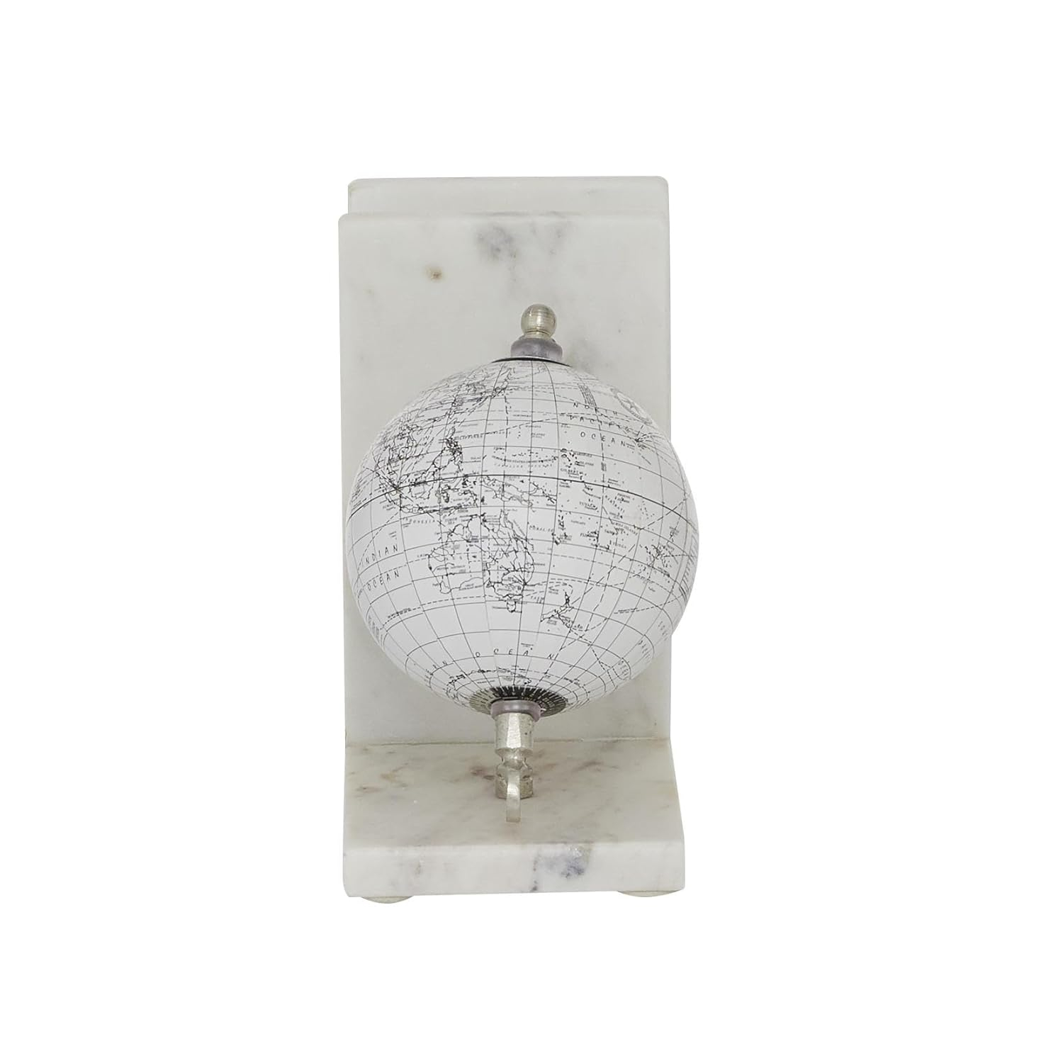 Deco 79 Marble Globe Decorative Bookends Non Skid Bookends with Silver Metal Accents, Set of 2 Office Bookends5"W, 7"H, White