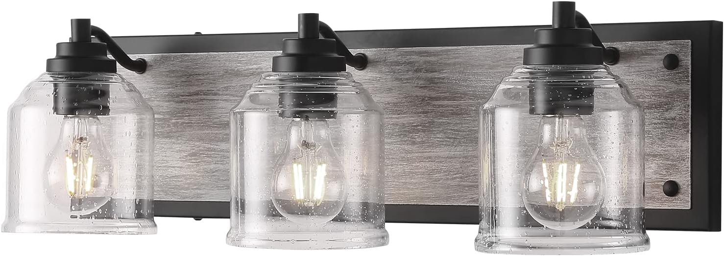 Vanity Lights for Bathroom Large 23", Farmhouse Rustic Vanity Light with Bubble Glass Shades, Black 3 Light Bathroom Lighting Fixtures Over Mirror, Bath Wall Sconce Home Decor