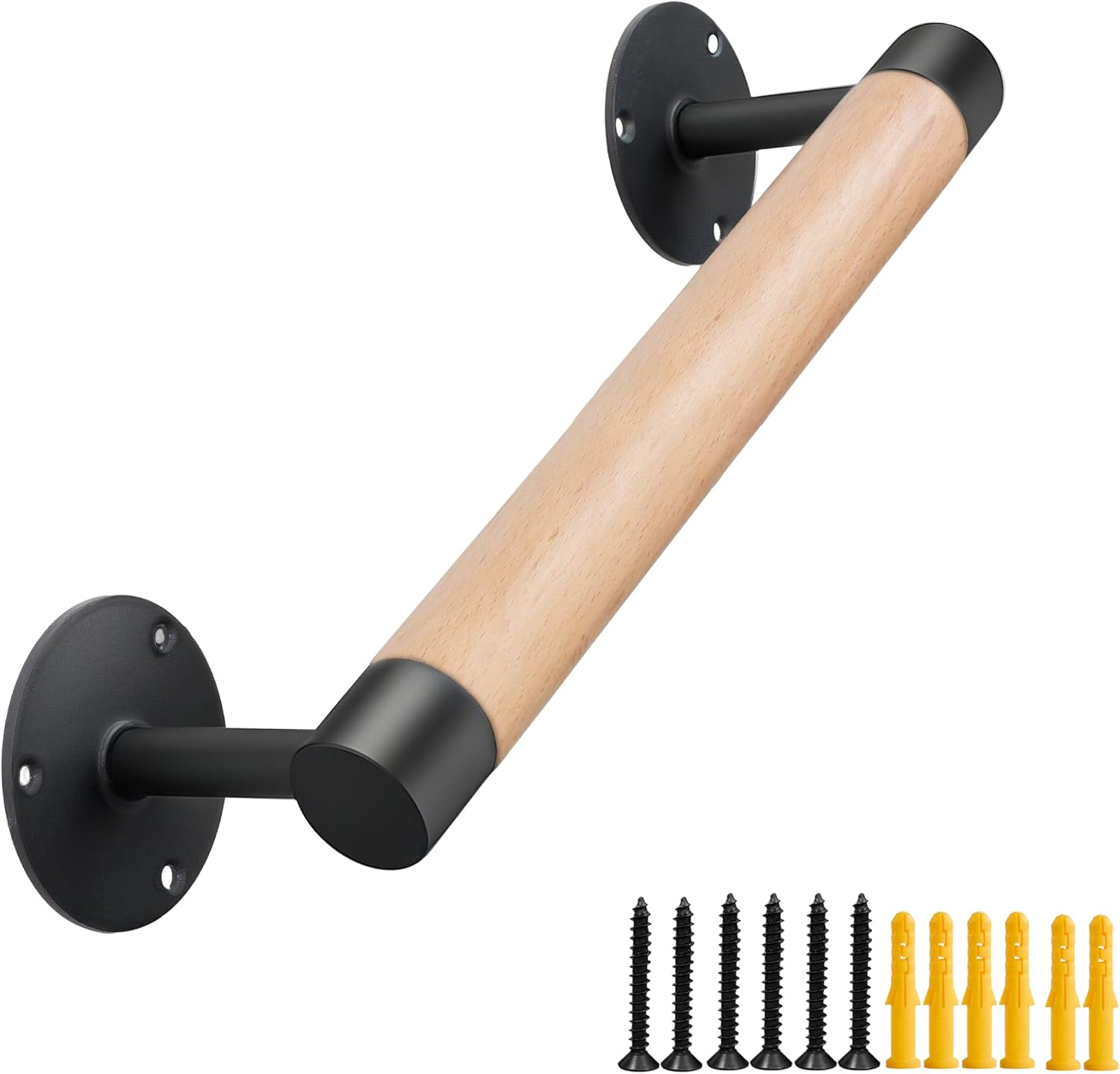 1ft Wood Handrail for Indoor Stairs, Wood Staircase Handrail W/s Black Sturdy Metal Brackets, Stair Banister Railing Wooden Safety Grab Bar for Elderly & Kids