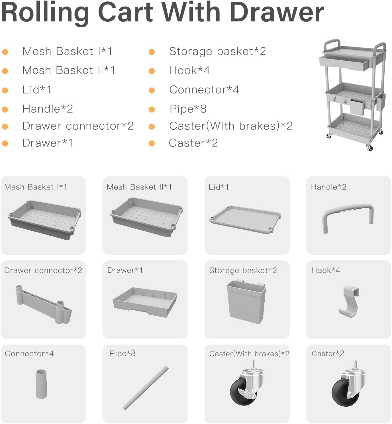 3 Tier Rolling Utility Cart with Drawer,REBECAT Utility Cart Made of Multifunctional Storage Organizer Tool for Kitchen,Bathroom,Living Room,Office(Gray)