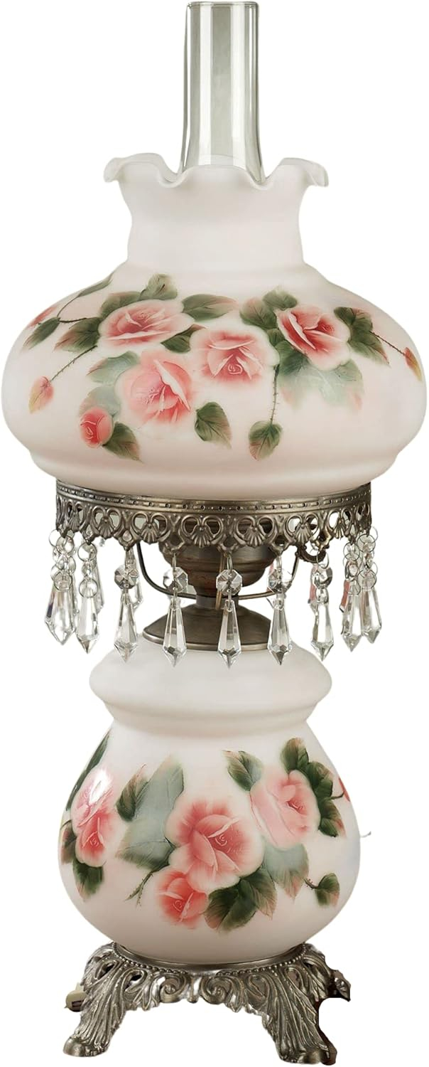 Adelaide Hurricane Table Lamp with Handpainted Pink Roses on Scalloped Glass Shade and Faux Crystal Beads 24 Inches High