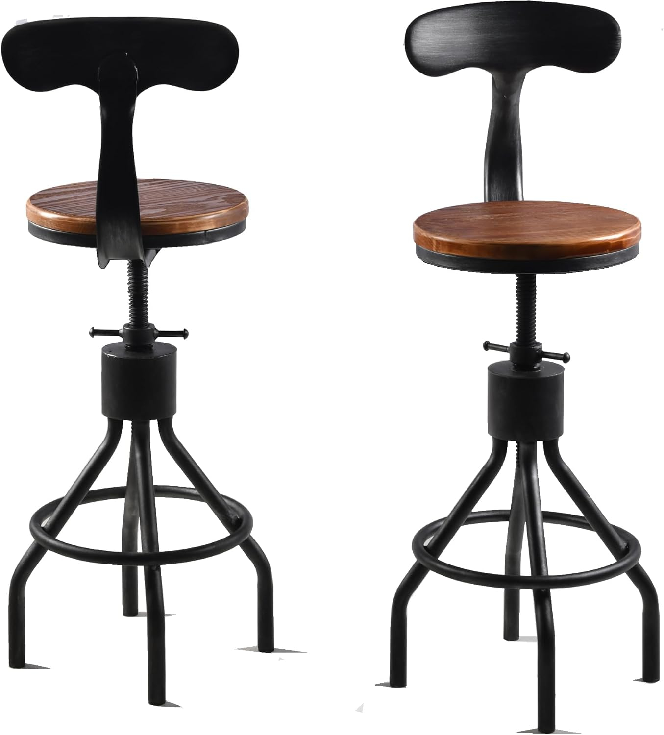 LOKKHAN Set of 2 Rustic Industrial Bar Stool-24-30 Adjustable Metal Swivel Wooden Top Barstools-Counter Height Extra Tall Bar Height-Vintage Farmhouse Kitchen Breakfast Cafe Stool-with Backrest