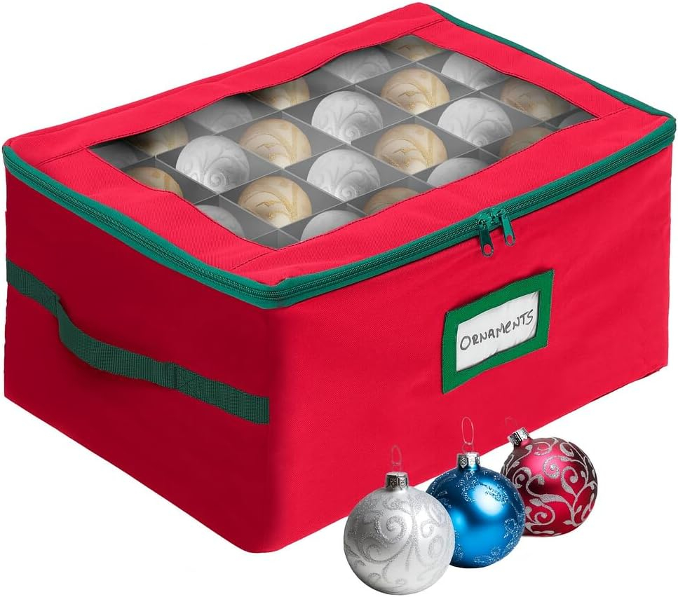 HOLDN’ STORAGE Christmas Ornament Storage Box with Dividers - Fits 72-3” Ornaments, 3 Removable Trays, Durable & Space-Saving, Clear Top Lid, Convenient Storage Designed, Red
