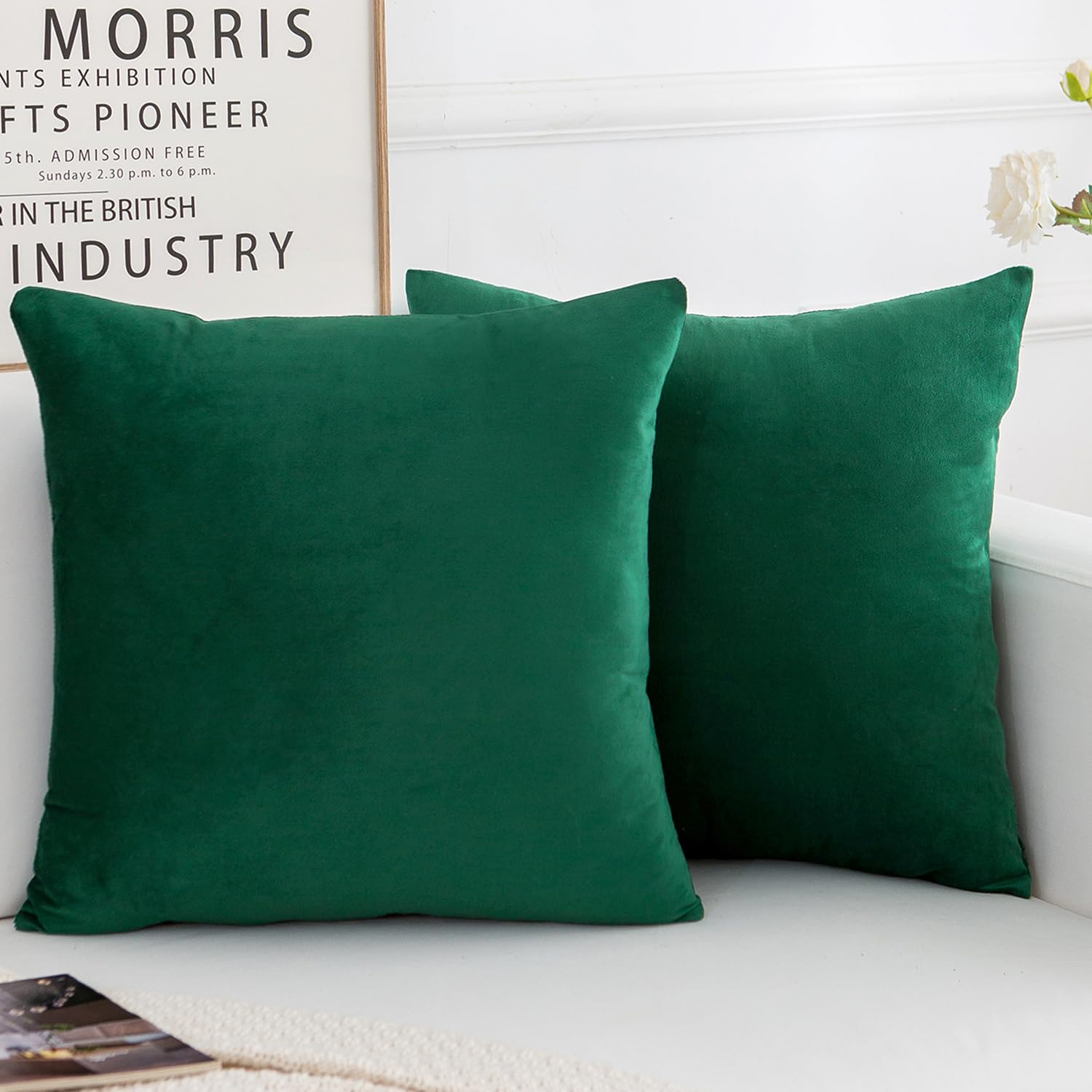 Phantoscope Soft Silky Velvet Series Square Decorative Throw Pillow Cusion for Couch, 20" x 20", Dark Green, 2 Pack