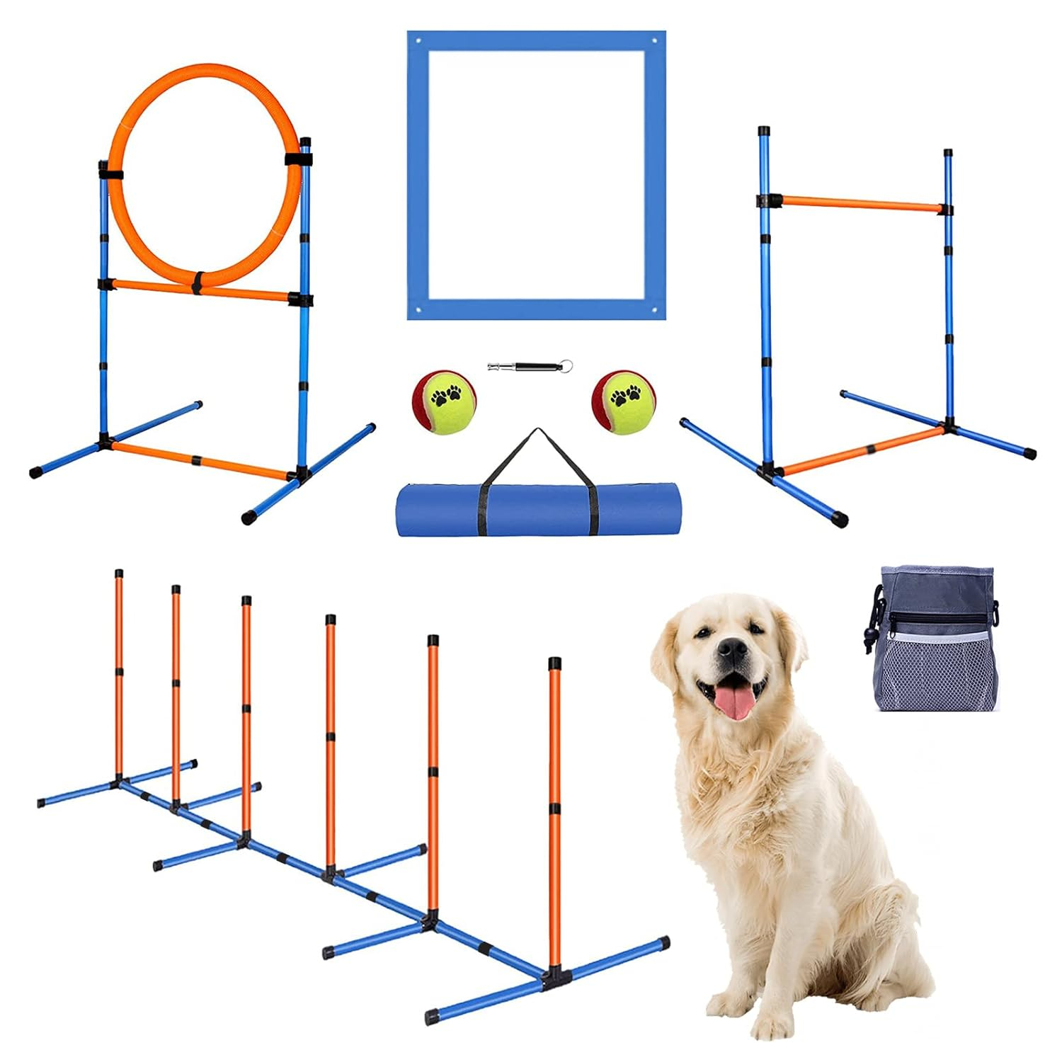 Aukfa Dog Agility Equipment Set, Includes Agility Hurdle, Jumping Ring, Agility Weave Poles and Carrying Bag for Backyard, Indoor, Outdoor