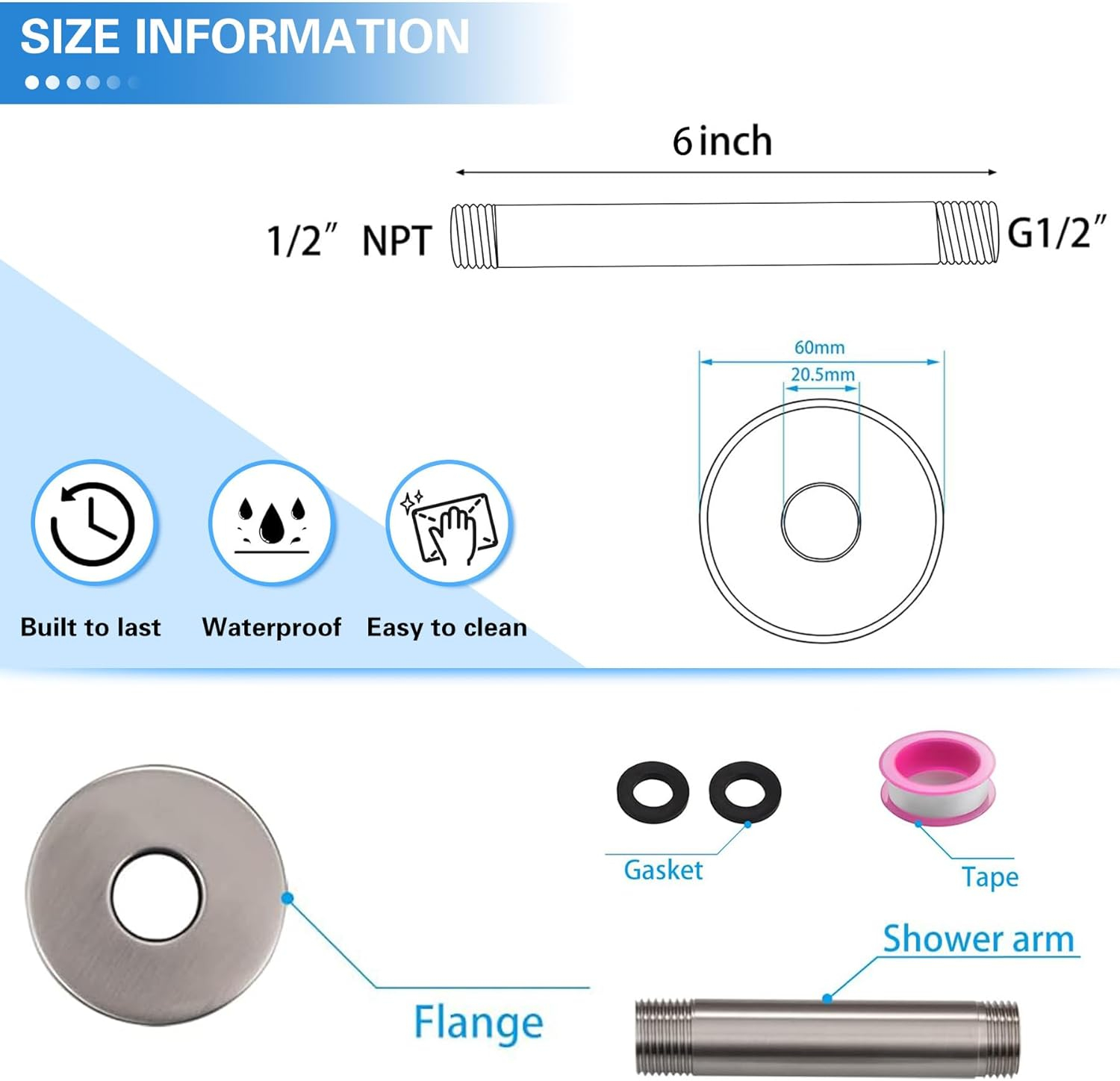 Ceiling Mount Shower Arm with Flange for Rain Shower Head,Stainless Steel Straight Arm for Fixed Shower Head,6 Inch Brushed Nickel