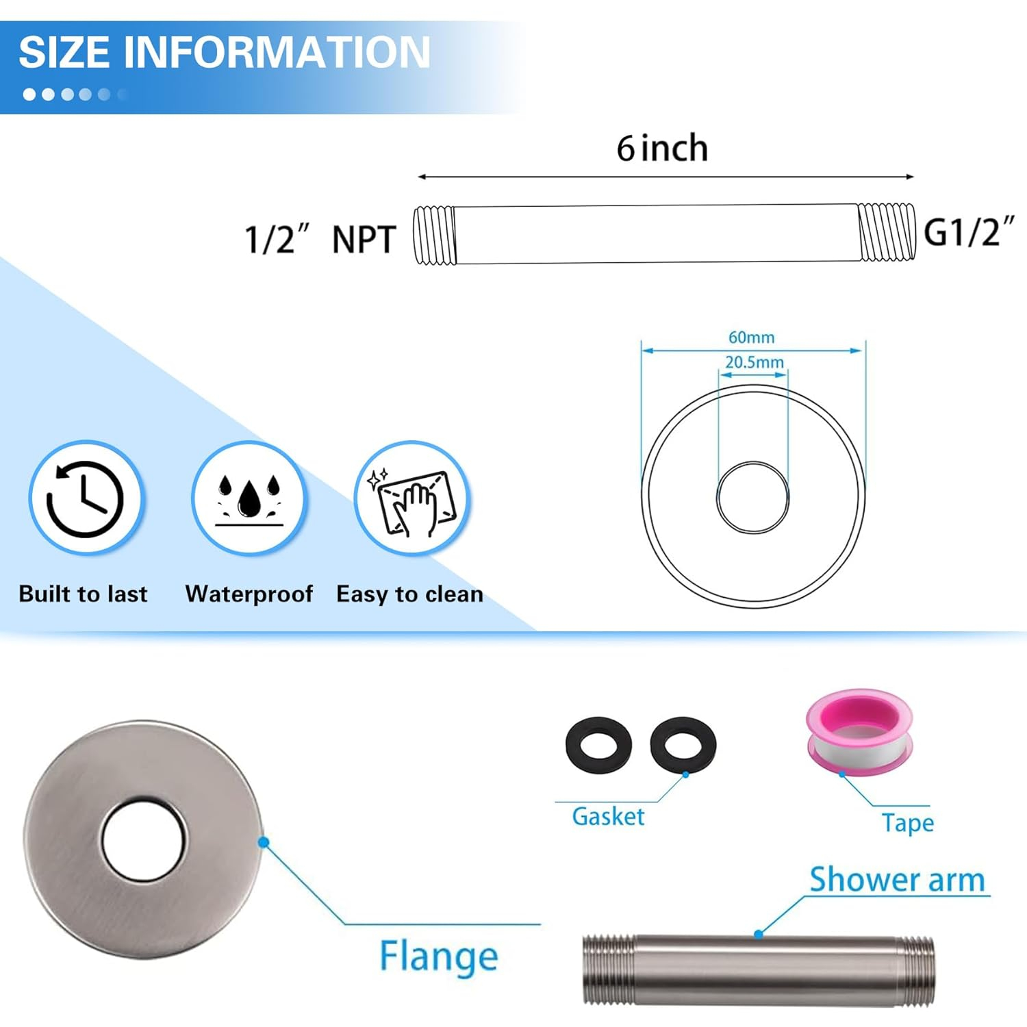 Ceiling Mount Shower Arm with Flange for Rain Shower Head,Stainless Steel Straight Arm for Fixed Shower Head,6 Inch Brushed Nickel
