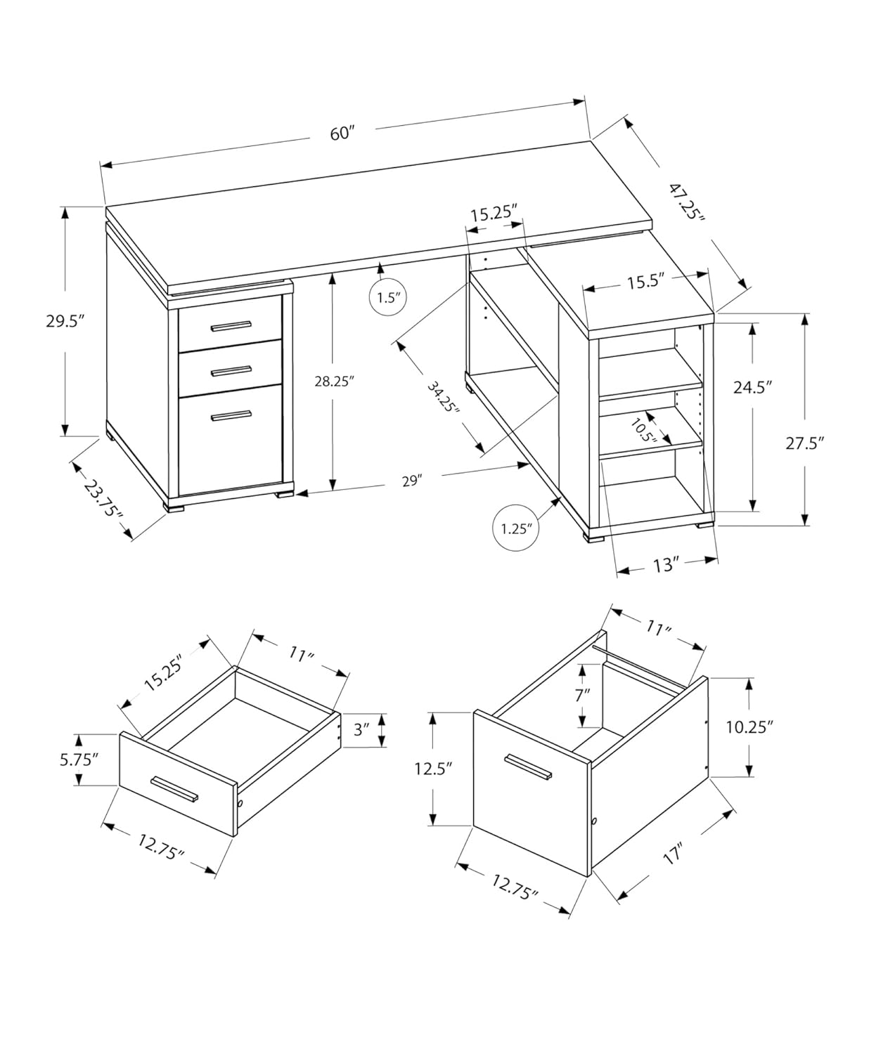 Monarch Specialties Computer Desk, L-Shaped, Corner, 3 Drawers 2 Open Shelves 3 Cubbies, 60"L X 47"W