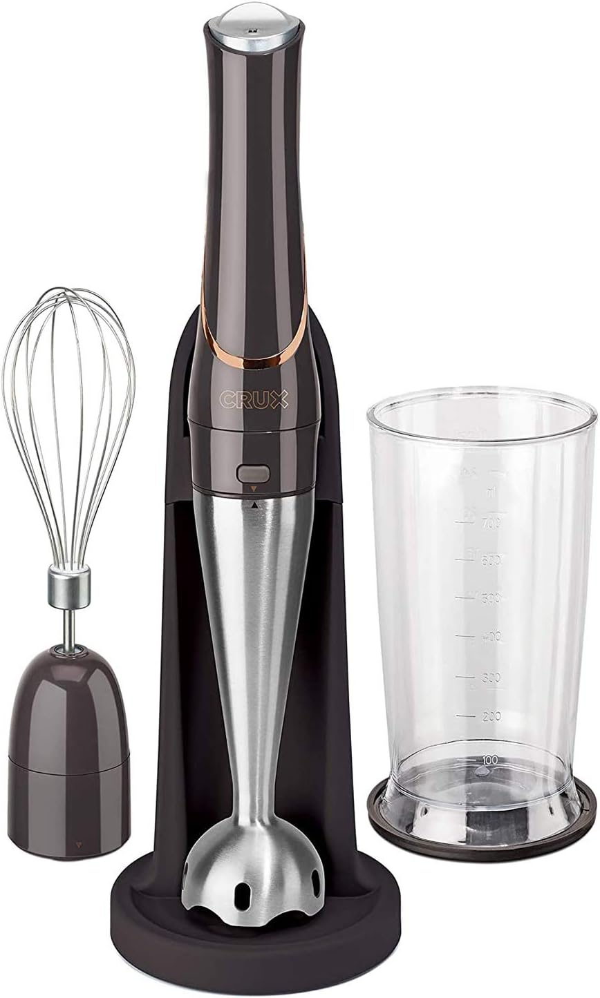 Crux Cordless Hand Immersion Blender, 7.5 inch Blending Arm, Mix, Whip, Puree Sauces/Soups, Rechargeable, Easy to Clean, Dishwasher Safe Removeable Parts, Stainless Steel/Black, 14790